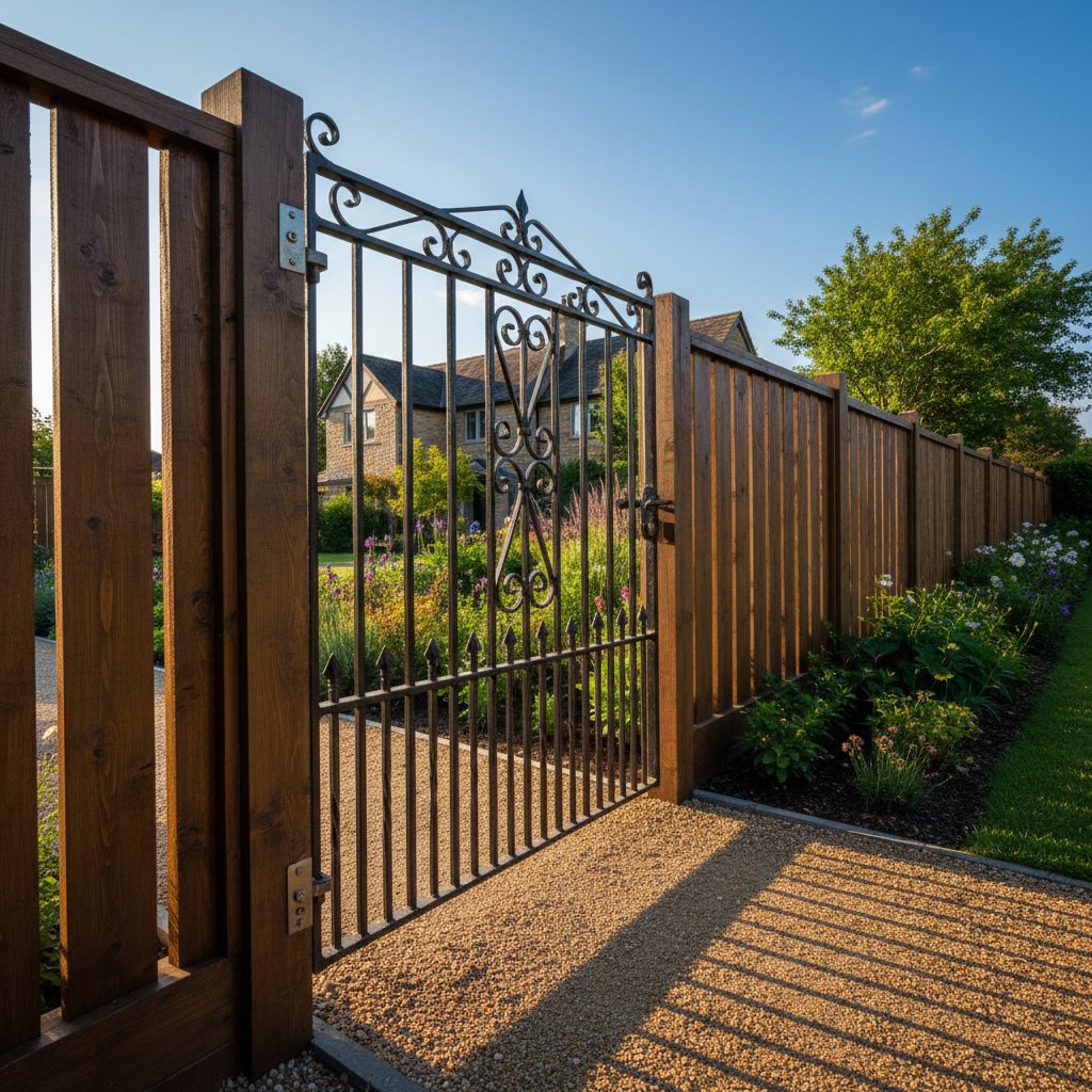 Professional fence installation at country property with wooden panels and gate